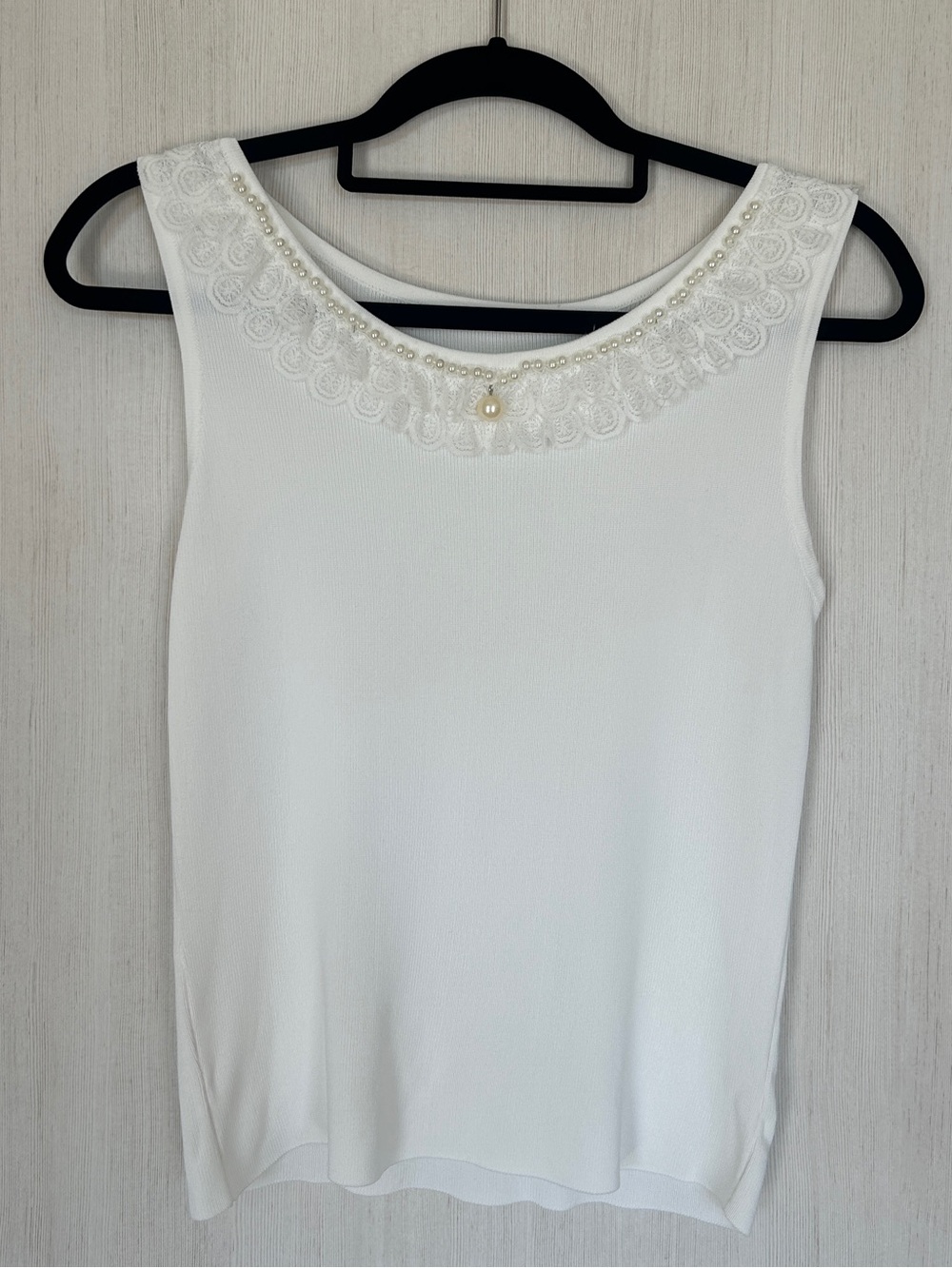 Vintage Cream Ribbed Knit Faux Pearl & Lace Ruffle Collar Cami Top Size M/L